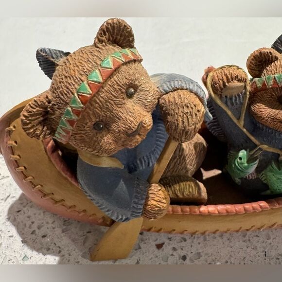 Teddy Bear Tales Thanksgiving Figurine, 2 Indian Bears In Canoe w/ Turkey - Picture 5 of 8